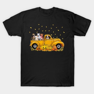 Yellow Car Truck Pitbulls And Pumpkins Halloween T-Shirt